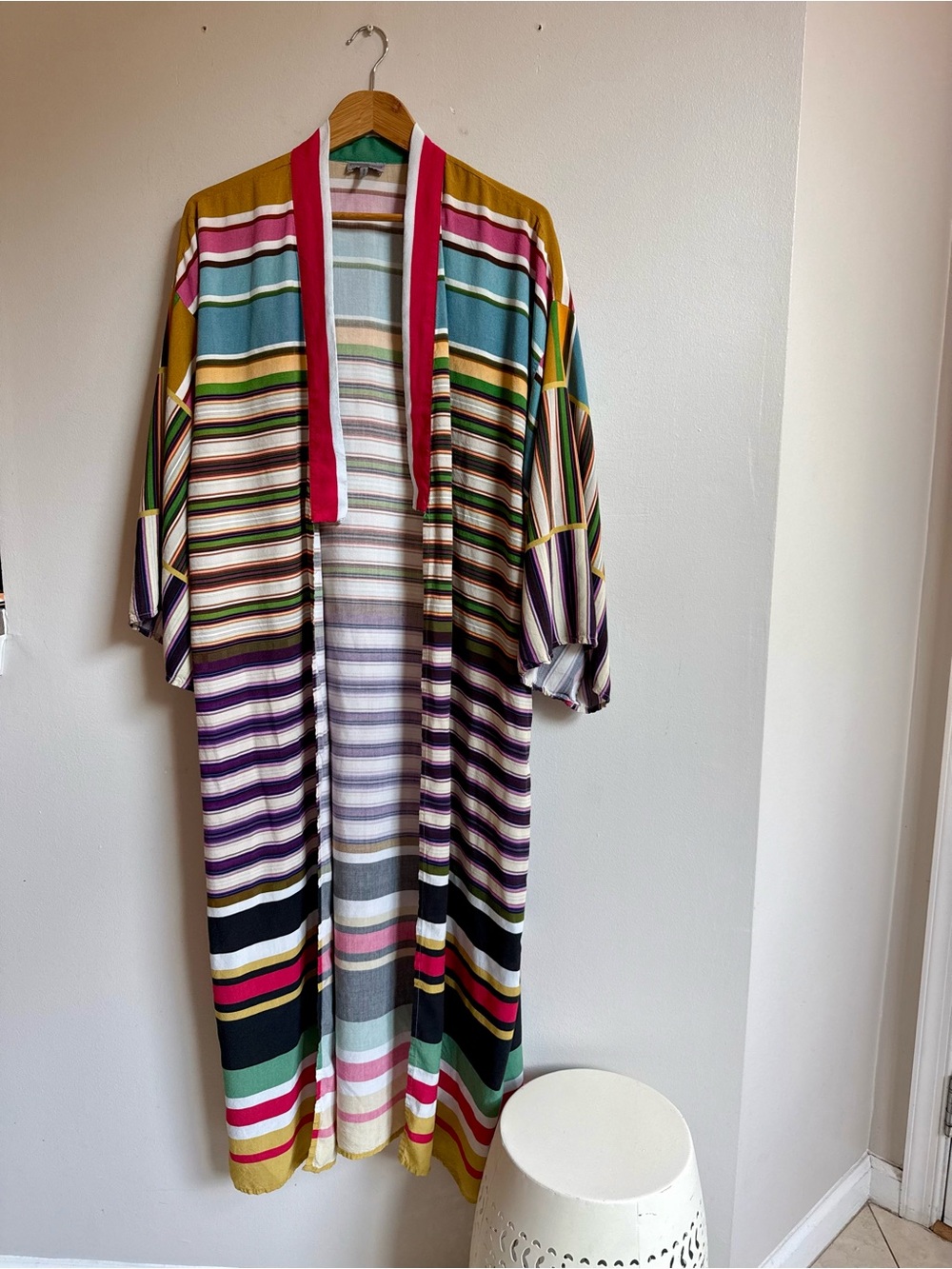 Anthropologie Multi-Stripe Open Front Kimono in Teal, Purple & Mustard